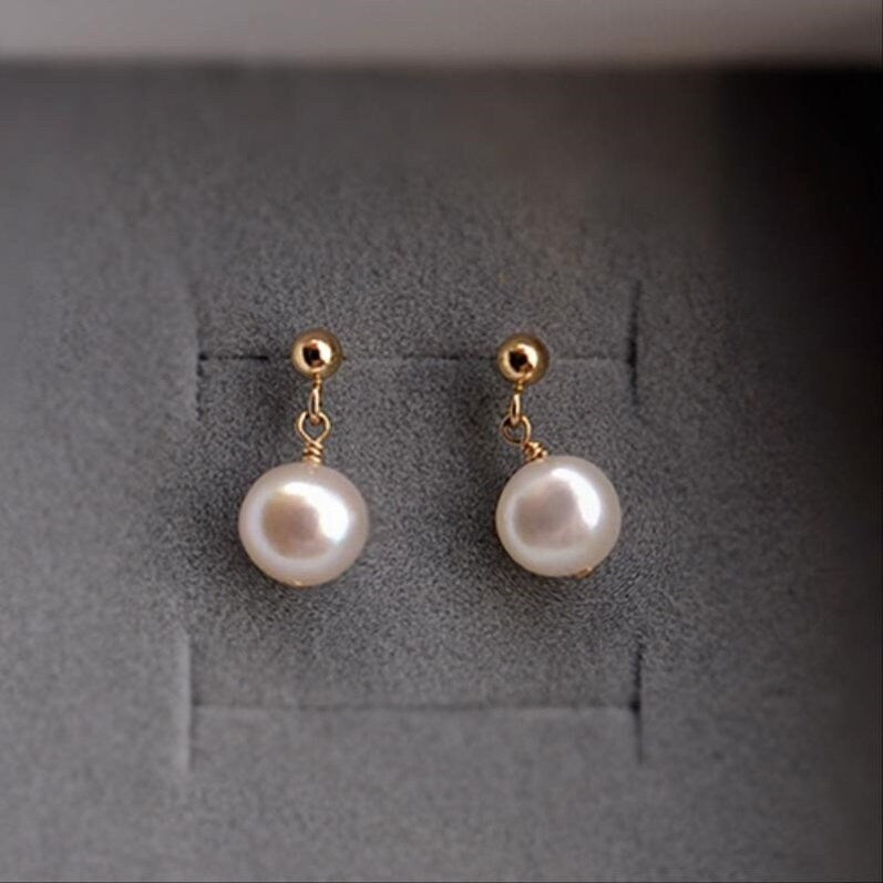 White/Peach/Purple Korean Style 18K Gold Plated 8-8.5mm Freshwater AAA Off Round Pearls Stud Earrings