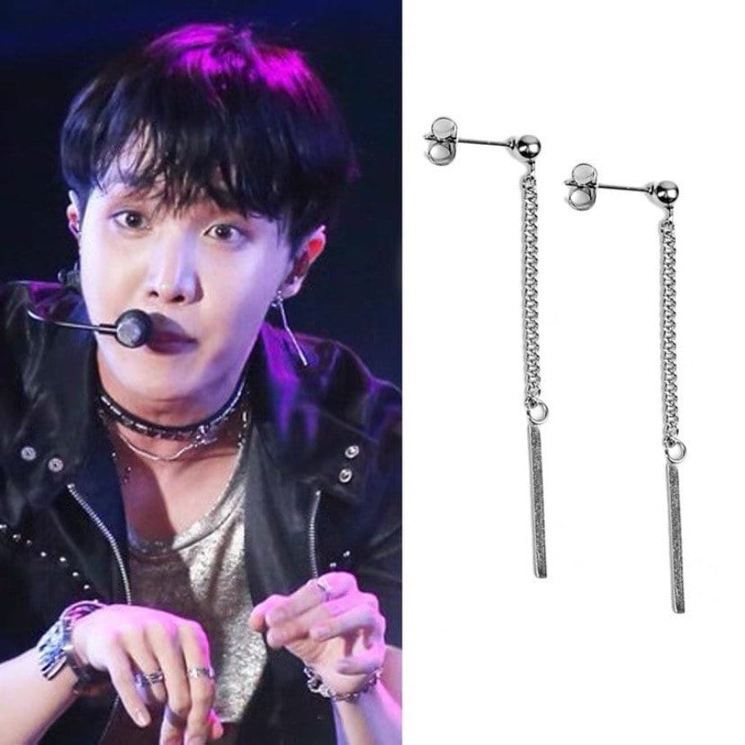 BTS style Kpop studs with 2cm rectangle charms and punk chain design, steel earrings, 5.5-6cm in length.