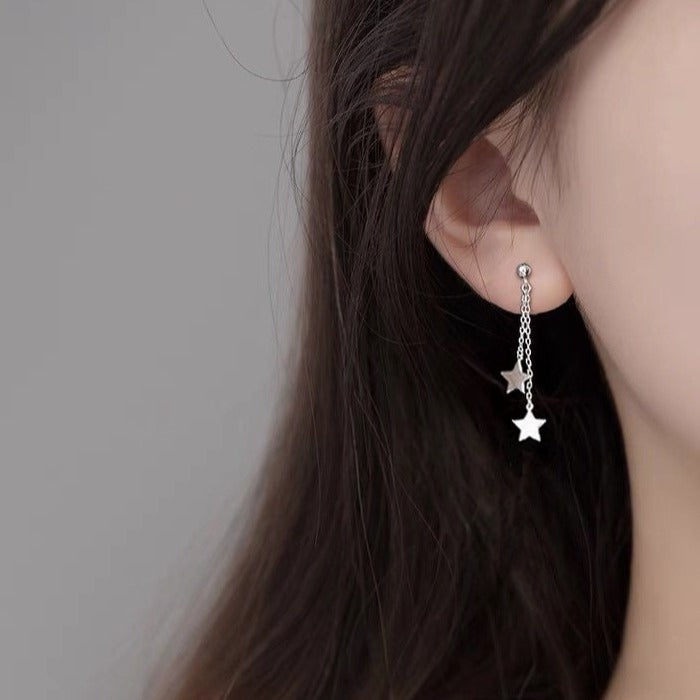 한국 패션 스타일 10mm 더블 스타 체인 귀걸이 스테인레스 스틸 4-4.5cm