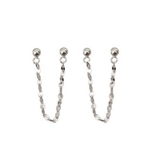 Load image into Gallery viewer, Pair of hypoallergenic stainless steel double piercing Korean coffee bean chain earrings, featuring minimalist studs with a 4-4.5cm chain design, perfect for K-pop and BTS fans.
