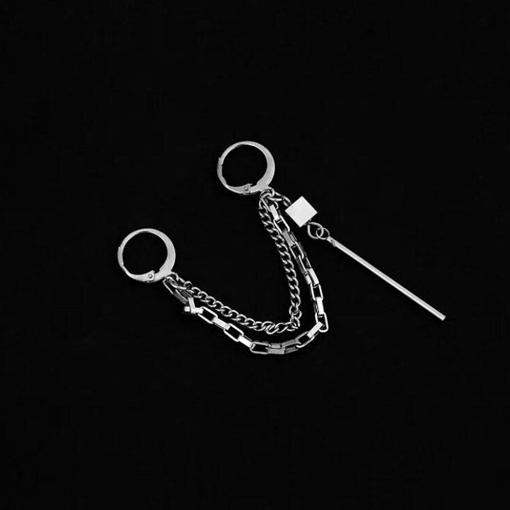 BTS Double Piercing Chain Earrings, 6cm, Kpop Gothic Style Jewelry, Edgy and Stylish Accessories.