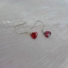 Load image into Gallery viewer, Minimalist S925 silver small dangle garnet red heart cubic zirconia hook hypoallergenic earrings, perfect as bridesmaid jewelry or a Valentine’s gift.
