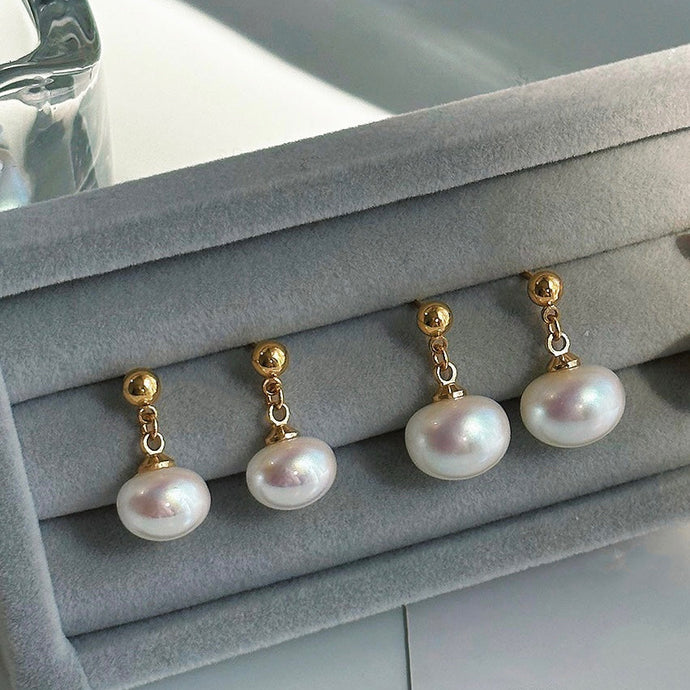 18K gold plated earrings with 5mm and 8mm button freshwater pearls, hypoallergenic and elegant.