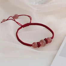 Load image into Gallery viewer, Chinese style gemstone bracelet with obsidian or strawberry quartz beads, woven with red strings, adjustable from 6.5 to 8 inches.
