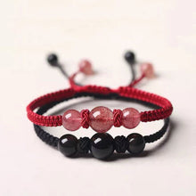 Load image into Gallery viewer, Chinese style gemstone bracelet with obsidian or strawberry quartz beads, woven with red strings, adjustable from 6.5 to 8 inches.
