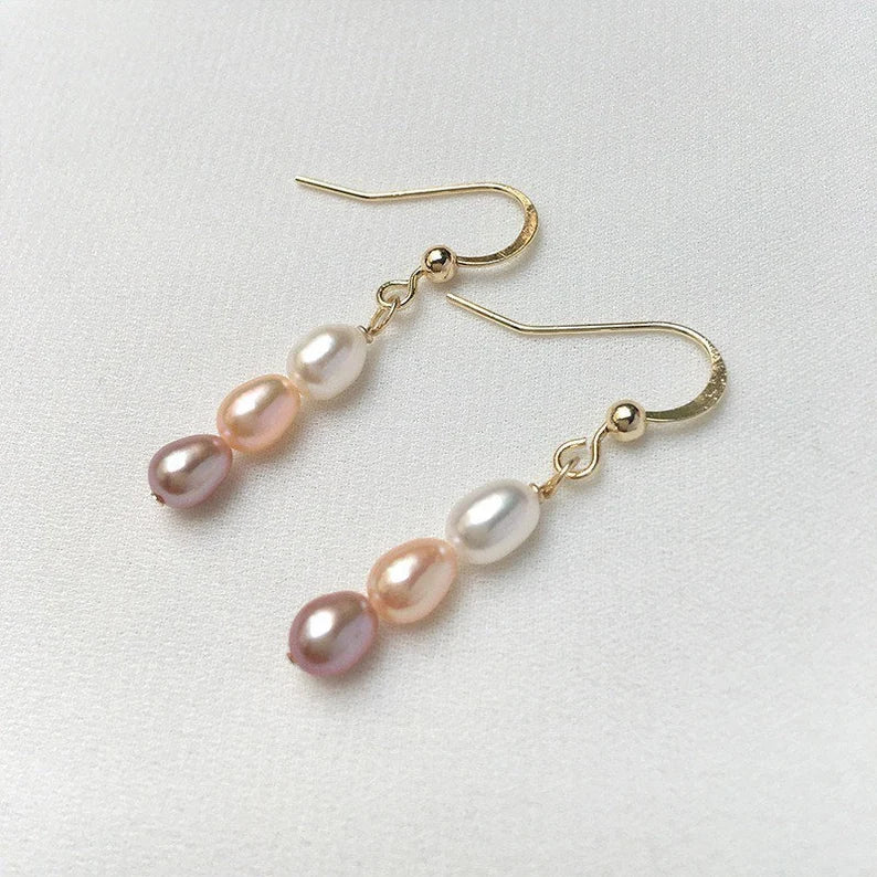 Colorful minimalist dainty 5mm freshwater pearl bar gold plated earrings