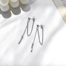 Load image into Gallery viewer, Korean solid stainless steel earrings with a 1.5cm rectangle stick charm and a 5cm drop.
