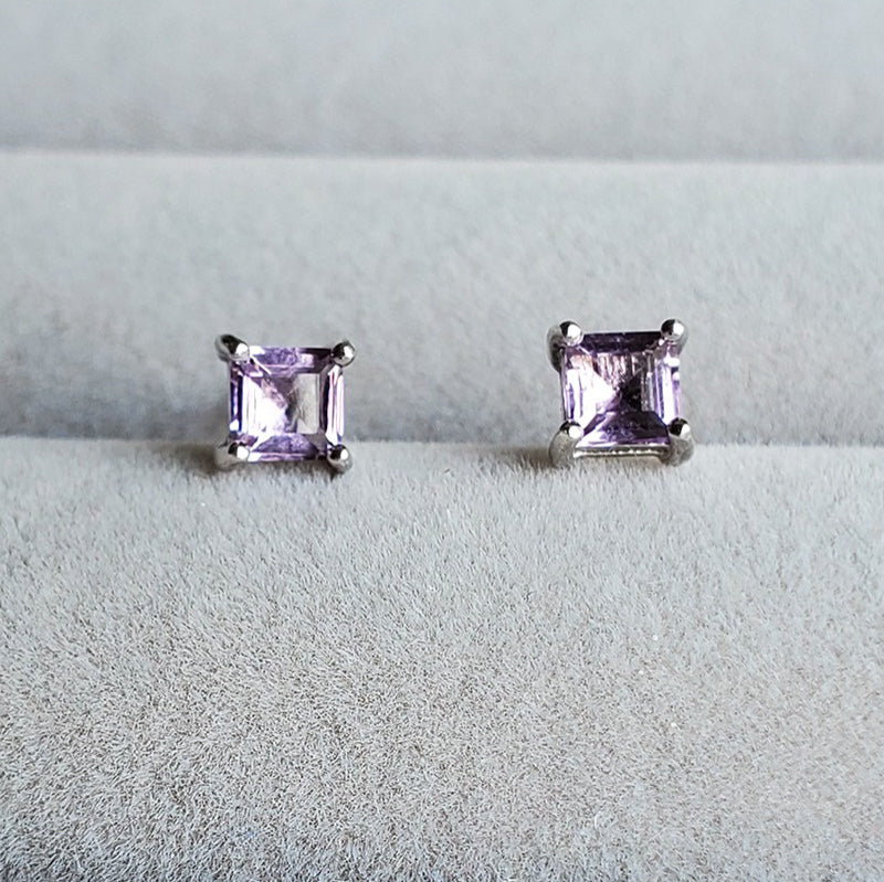 S925 Sterling Silver 4mm Amethyst Princess Cut Earrings Studs