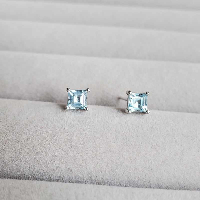 S925 Light Blue Topaz 4x4mm Princess Cut Earrings