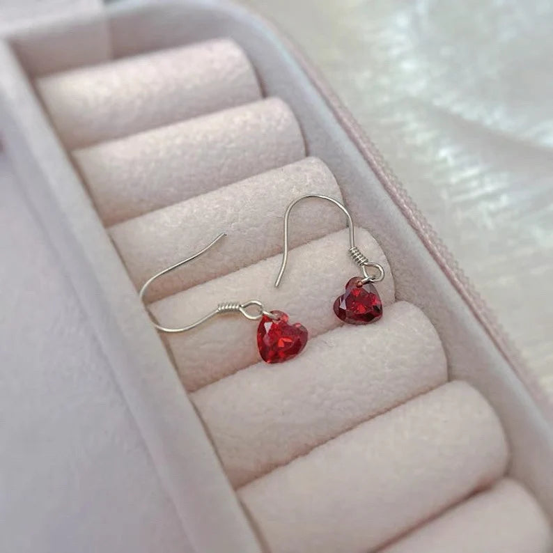 Minimalist S925 silver small dangle garnet red heart cubic zirconia hook hypoallergenic earrings, perfect as bridesmaid jewelry or a Valentine’s gift.