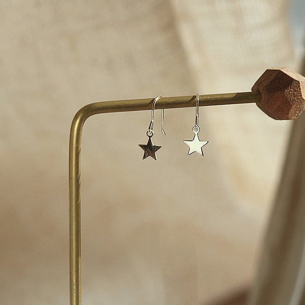 18K gold plated dangle earrings with 8mm star charms, hypoallergenic and elegant.