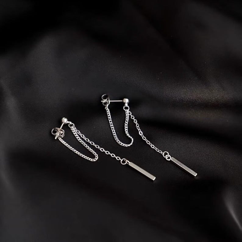 Surgical steel Korean fashion chain link earrings with 2cm rectangle charm stick design, hypoallergenic and stylish.