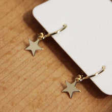 Load image into Gallery viewer, Gold-plated hoop earrings with 10mm star charms, stylish and versatile for any occasion.
