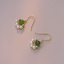 Load image into Gallery viewer, 18K gold plated dangle earrings with 8mm natural jade beads and freshwater pearls, perfect for adding a touch of timeless elegance to any outfit.
