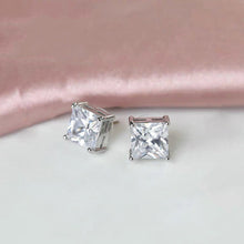 Load image into Gallery viewer, Princess cut cubic zirconia stud earrings in 316 surgical steel, available in 3mm, 5mm, and 7mm sizes.
