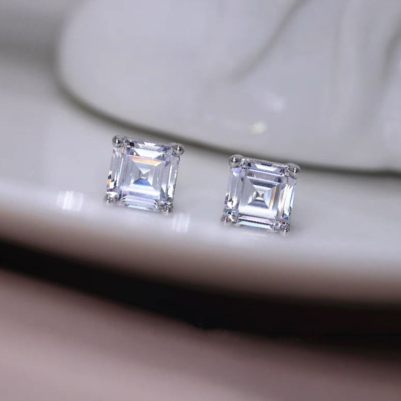 Asscher Cut Moissanite Earrings, Platinum Plated S925, Elegant Jewelry.