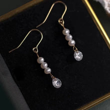 Load image into Gallery viewer, Korean dainty earrings with 4mm pearls and 5-6mm cubic zirconia stones, available in gold or silver, ideal for weddings, hypoallergenic and elegant.
