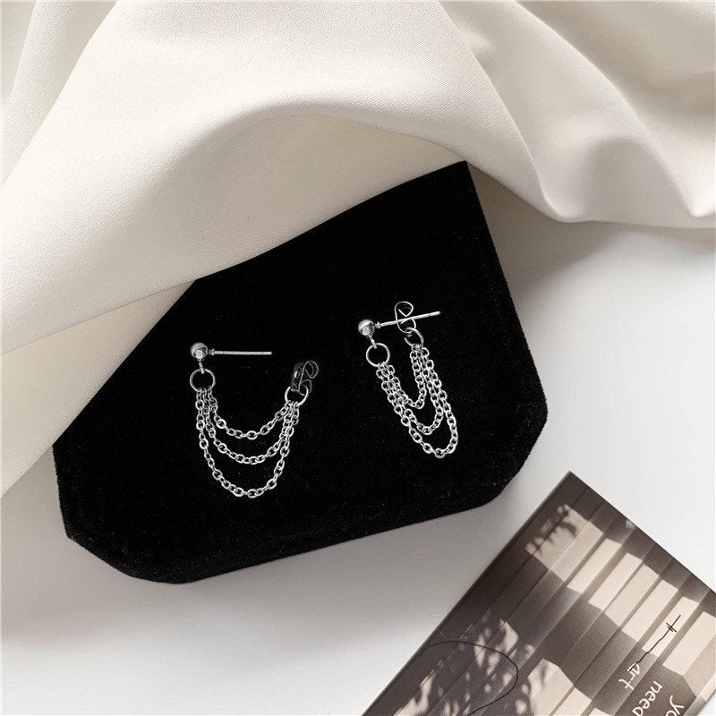 Korean Style Surgical Stainless Steel Chain 3 Layers Triple Link Trend Punk Kpop Gothic Studs Hypoallergenic Earrings 3.5-4cm