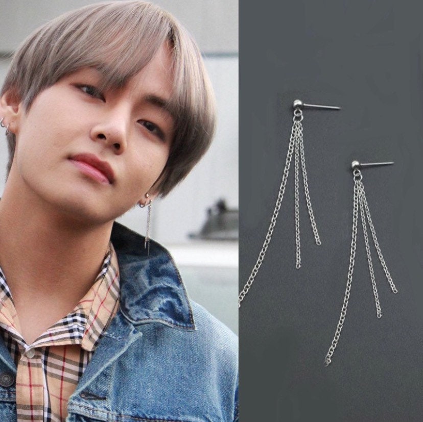 Surgical Steel Hypoallergenic Korean BTS Style Kpop 9cm 3 Layers 1mm Thin Chain Earrings Studs