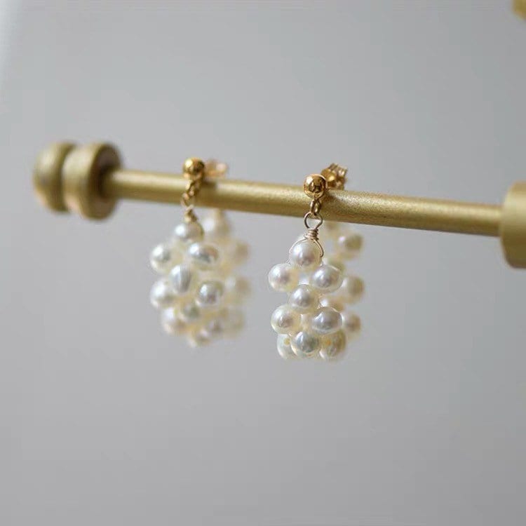 Handmade 3-4mm Small Natural Pearls 18K Gold Plated Wire Wrapped hoop Stud Earrings