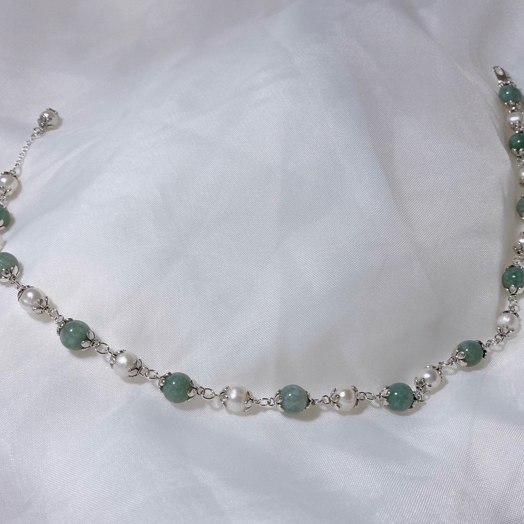 S925 silver summer palace style 8mm dark green jade with 6mm natural pearls flower cap beads necklace