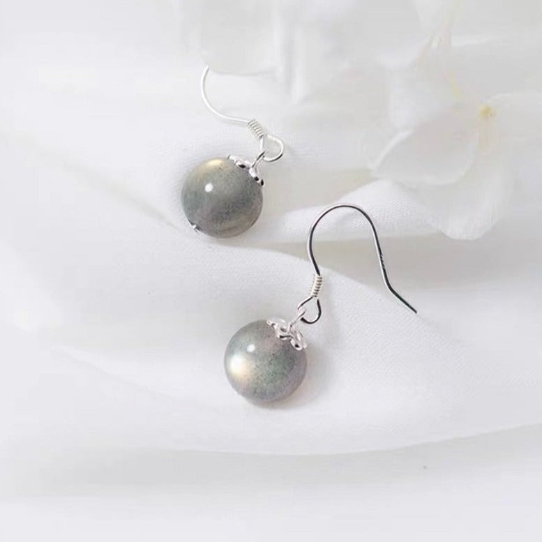 AAA 925 Silver Dangle Earrings with 8mm Labradorite Beads and Filigree Flower Caps, Elegant Jewelry