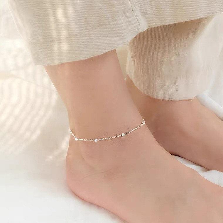 S925 ANKLE chain link mini beads silver bracelet 8/9/10/11 Inches with Extender