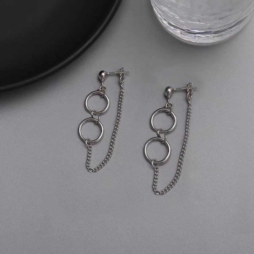 한국 실버 더블 링 10mm 체인 스터드 귀걸이 펑크
