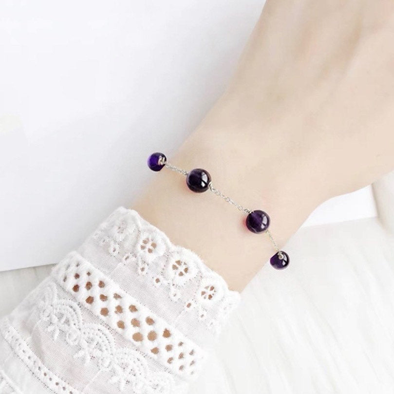 S925 한국산 8mm 자수정 딥 퍼플 라운드 비즈 팔찌 7-7.25 인치