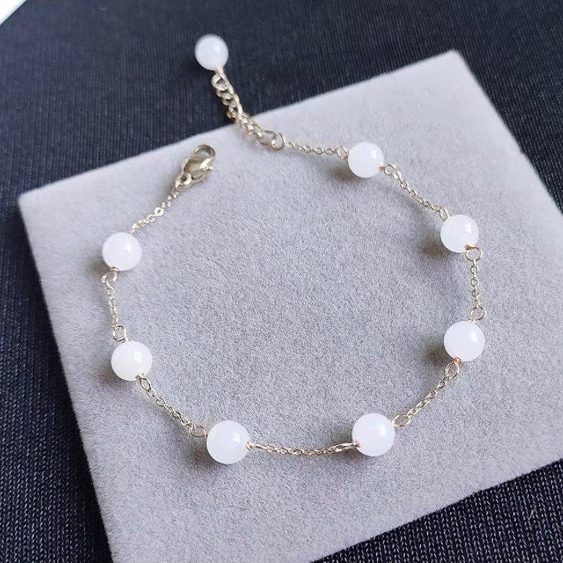 S925 6mm White Jade Round Bead Link Chain Bracelet 6/7/8 Inches with extender