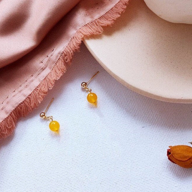 천연 소형 6mm 황옥 둥근 구슬 골드 도금 스터드 귀걸이