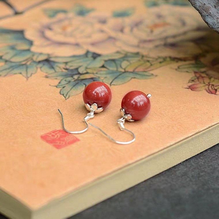 S925 Chinese Style Xiangsi Silver Flower 8mm Red Jade Earrings