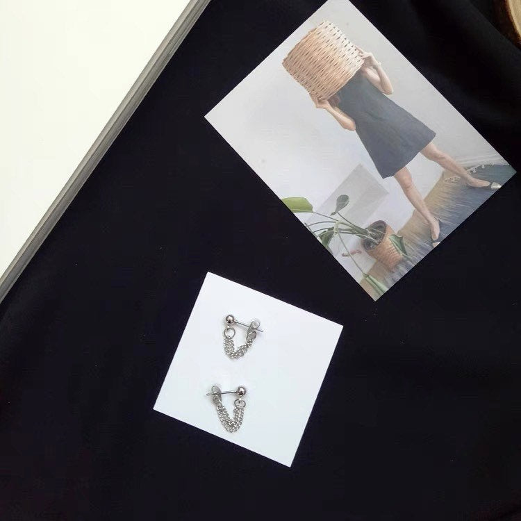 한국어 실버 더블 짧은 실버 2x2mm 체인 2-2.5cm 미니 스터드 귀걸이