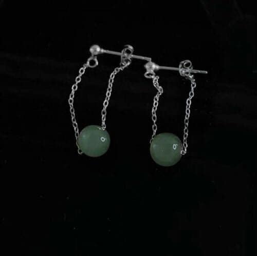 S925 Sterling Silver Chain Elegant Jewelry 8mm Jade Studs Earrings 4cm