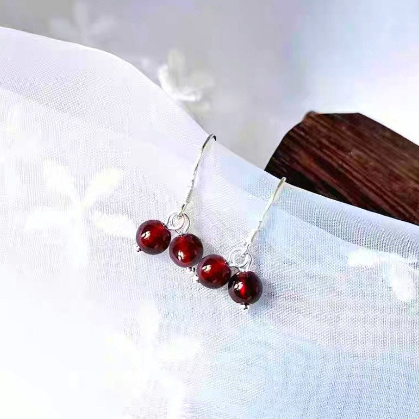 S925 Dangle Natural Gem Chinese Red Agate Round Bead 6mm Cherry Style Earrings Hook