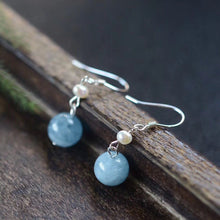 Load image into Gallery viewer, 925 Silver Dangle Earrings with 4mm Natural Pearls and 8mm Aquamarine Round Beads, Elegant Jewelry
