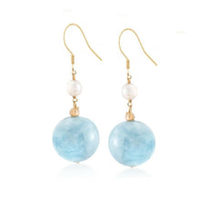 Load image into Gallery viewer, Dangle earrings with 12mm aquamarine round bead and 4-5mm natural pearls. Available in gold or silver, with a sophisticated design suitable for any occasion.
