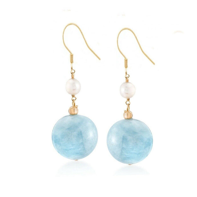 Dangle earrings with 12mm aquamarine round bead and 4-5mm natural pearls. Available in gold or silver, with a sophisticated design suitable for any occasion.