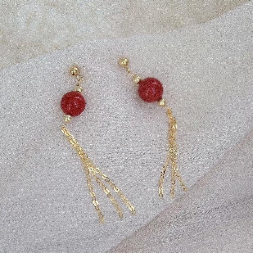 중국 스타일 골드/실버 랜턴 음력 설날 우아한 8mm 붉은 옥 귀걸이 7cm