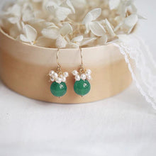 Load image into Gallery viewer, 18K gold plated steel dangle earrings with 8mm green agate beads and 3mm baroque pearls, perfect for adding a touch of natural beauty and sophistication to any outfit.
