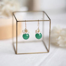 Load image into Gallery viewer, 18K gold plated steel dangle earrings with 8mm green agate beads and 3mm baroque pearls, perfect for adding a touch of natural beauty and sophistication to any outfit.
