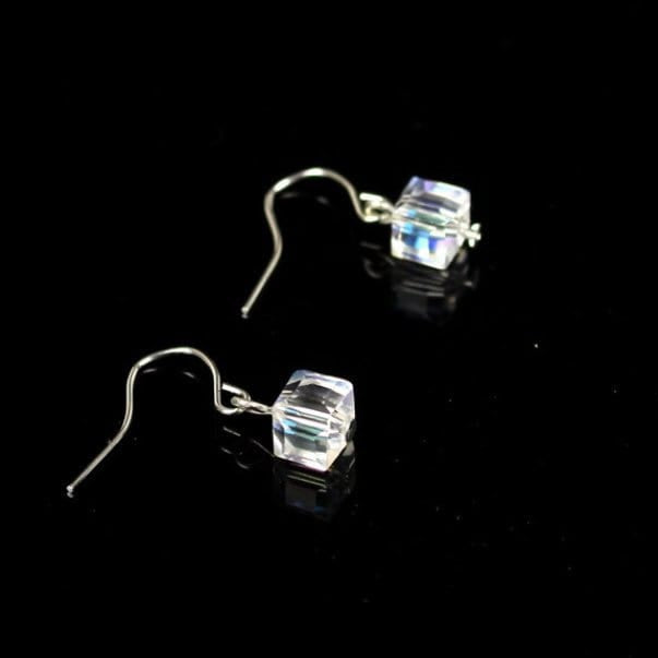 Dangle earrings featuring 6mm clear AB sugar cube beads, showcasing an elegant and shimmering design.