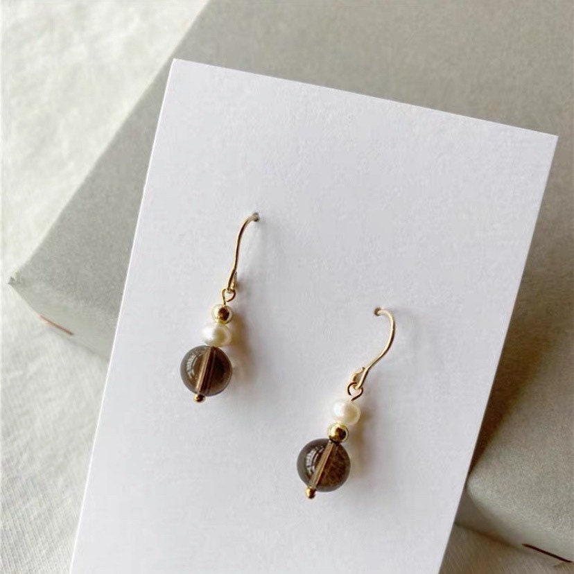 18K gold plated dangle earrings with 4-5mm natural pearls and 8mm smoky quartz, hypoallergenic and nickel-free.