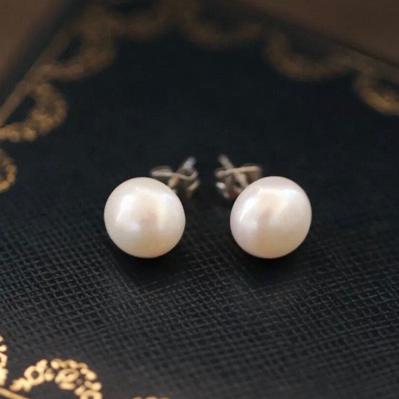 AAA S925 Silver Stud Earrings with 8mm White Freshwater Button Pearls, Elegant Jewelry