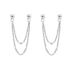 Load image into Gallery viewer, Image of a pair of Korean-inspired double-layered double piercing earrings, featuring hypoallergenic steel studs with delicate 1.2x1mm chains, creating a trendy 5cm drop.
