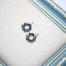 Load image into Gallery viewer, Surgical Steel 4-5mm Freeform Baroque Black Peacock Pearls Wire Wrapped Circle Earrings
