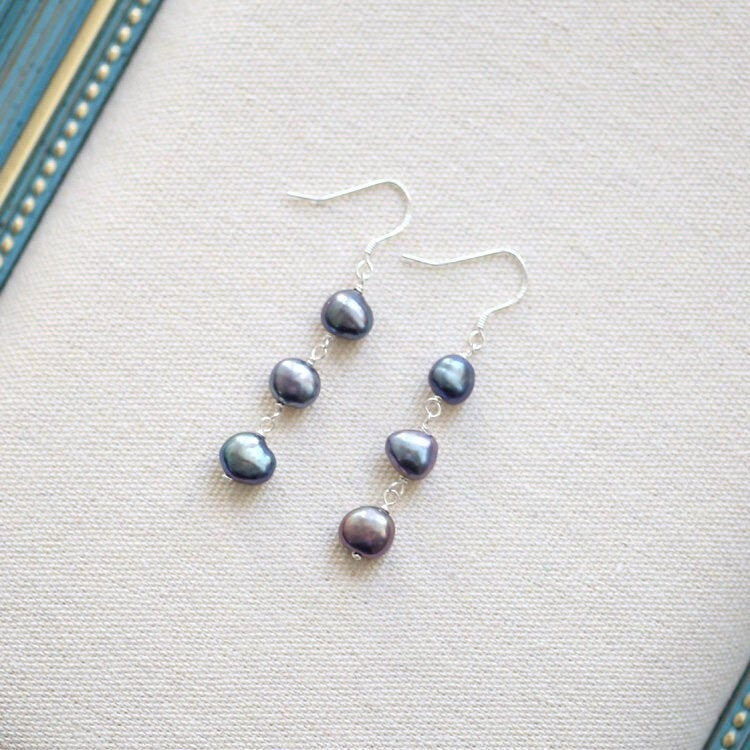 S925 Korean Dangle Silver Natural 4-5mm Black Peacock Baroque freeform Natural Pearls Earrings