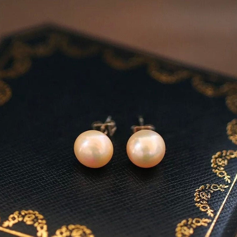 S925 Silver 8mm Peach Freshwater Button Pearls Studs Earrings