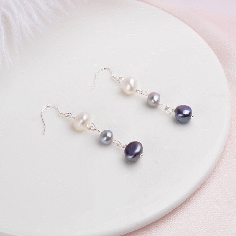 S925 Multiple color White Grey Black Baroque Pearls Silver Dangle Earrings