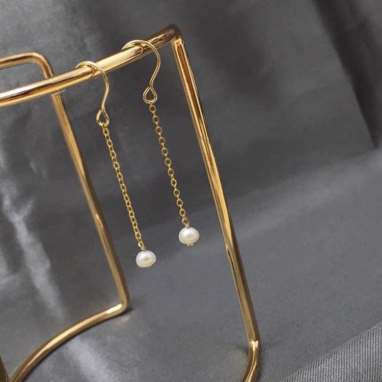 Gold Korean 4-5mm Small Baroque Pearls Hook Earrings 6cm Long Nickel Free